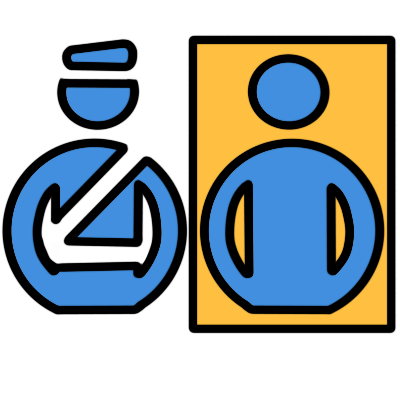 two abstract blue figures, based on the United Nations humanitarian icon figures for 'military' and 'civil'. The figure on the left wears an abstract uniform. The figure on the right, a civilian, does not wear a uniform. The figure on the right is inside a yellow rectangle.